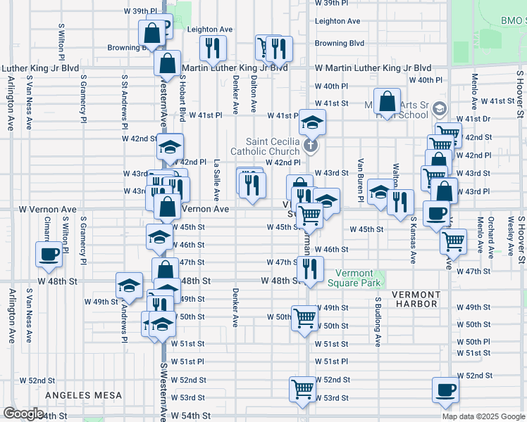 map of restaurants, bars, coffee shops, grocery stores, and more near 1500 West Vernon Avenue in Los Angeles