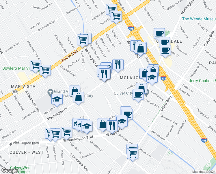 map of restaurants, bars, coffee shops, grocery stores, and more near 4038 McLaughlin Avenue in Los Angeles