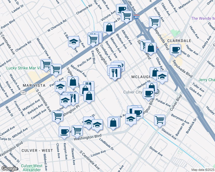 map of restaurants, bars, coffee shops, grocery stores, and more near in Los Angeles