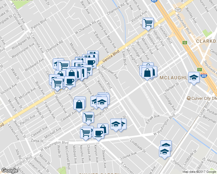 map of restaurants, bars, coffee shops, grocery stores, and more near 3944 Inglewood Boulevard in Los Angeles