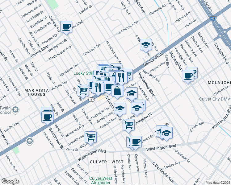 map of restaurants, bars, coffee shops, grocery stores, and more near 12317 Pacific Avenue in Los Angeles