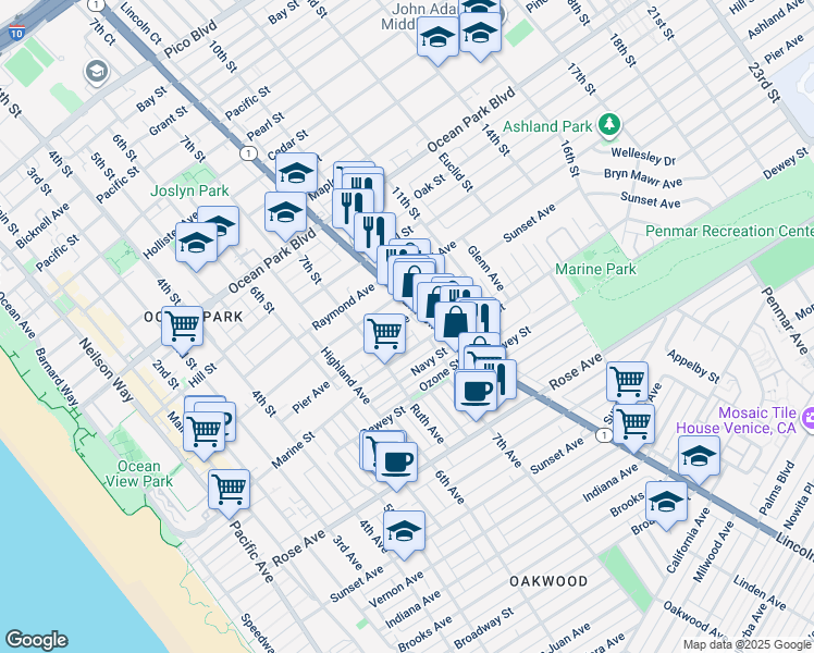 map of restaurants, bars, coffee shops, grocery stores, and more near 3012 Bentley Court in Santa Monica