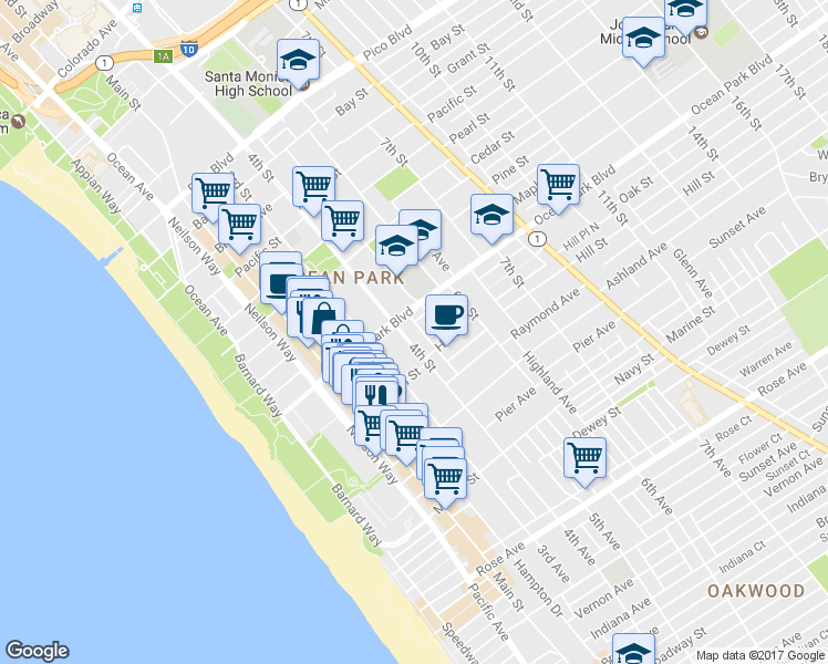 map of restaurants, bars, coffee shops, grocery stores, and more near 2635 4th Street in Santa Monica