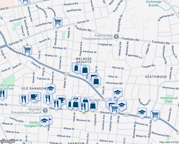 map of restaurants, bars, coffee shops, grocery stores, and more near 1114 Shirley Street in Columbia