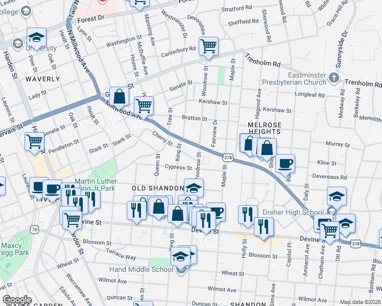map of restaurants, bars, coffee shops, grocery stores, and more near 2623 Cherry Street in Columbia