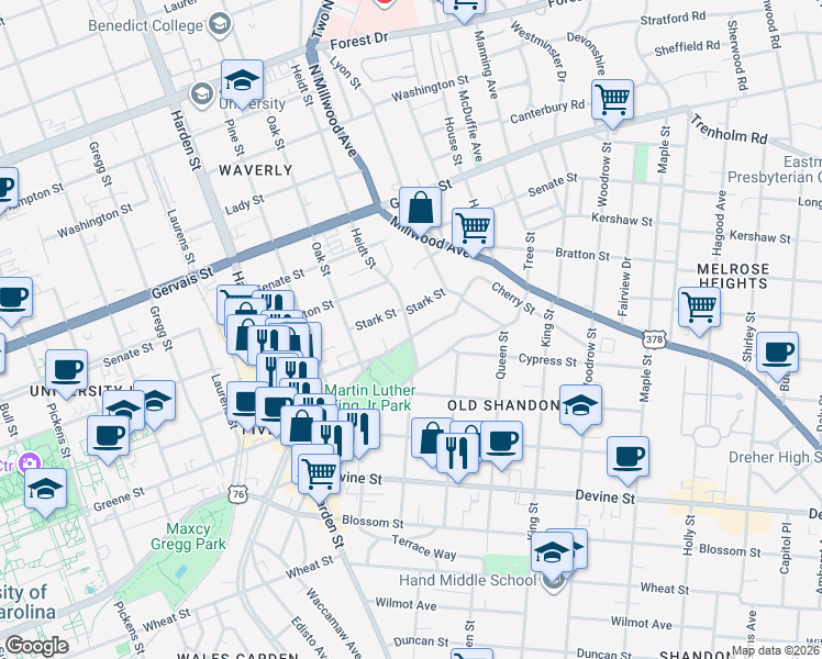 map of restaurants, bars, coffee shops, grocery stores, and more near 2401 Greene Street in Columbia