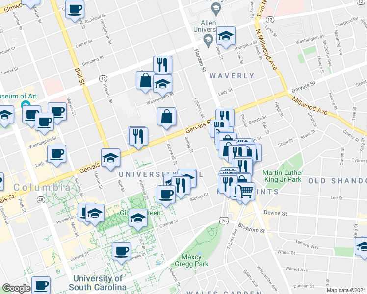 map of restaurants, bars, coffee shops, grocery stores, and more near 1829-17E Senate Street in Columbia