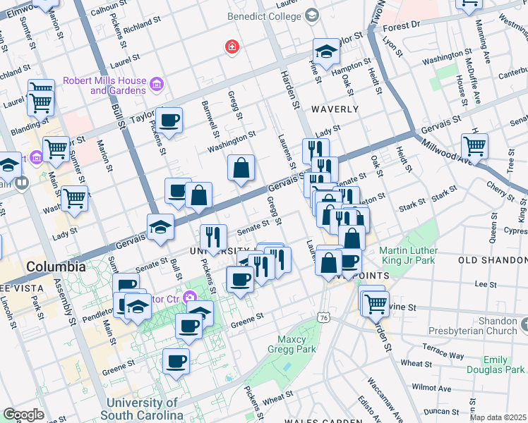 map of restaurants, bars, coffee shops, grocery stores, and more near 1829-17E Senate Street in Columbia