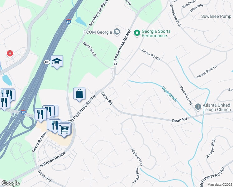 map of restaurants, bars, coffee shops, grocery stores, and more near 1262 Birkhall Drive in Lawrenceville