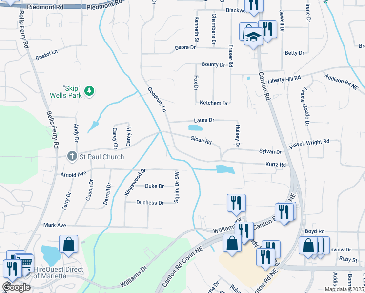map of restaurants, bars, coffee shops, grocery stores, and more near 577 Kurtz Road in Marietta