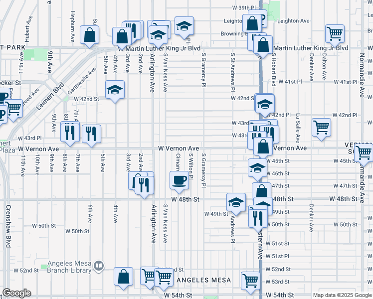 map of restaurants, bars, coffee shops, grocery stores, and more near 1966 West Vernon Avenue in Los Angeles