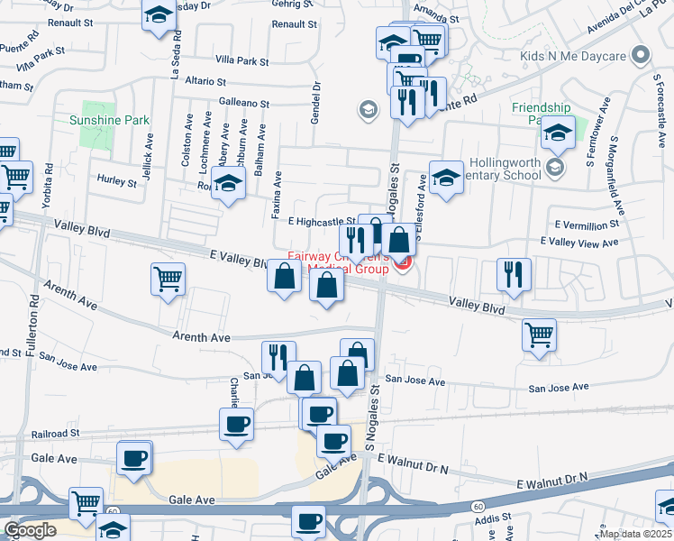 map of restaurants, bars, coffee shops, grocery stores, and more near 2601 East Valley Boulevard in West Covina