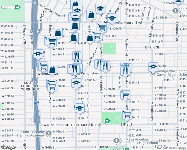 map of restaurants, bars, coffee shops, grocery stores, and more near 234 East Vernon Avenue in Los Angeles