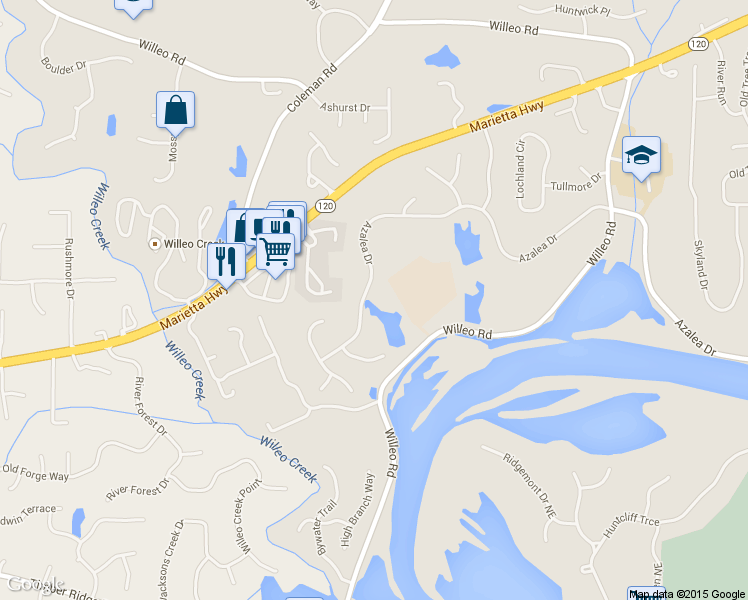 map of restaurants, bars, coffee shops, grocery stores, and more near 2185 Azalea Drive in Roswell