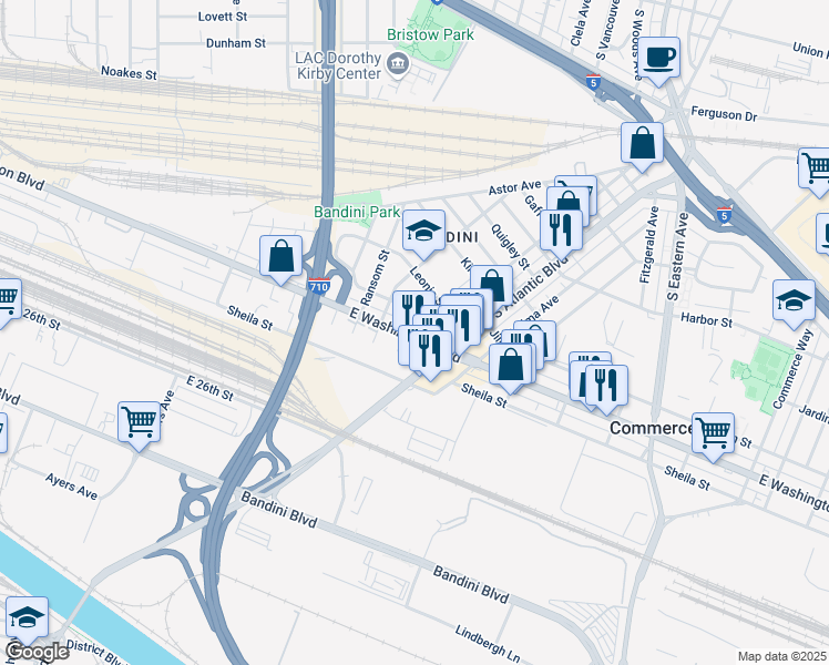 map of restaurants, bars, coffee shops, grocery stores, and more near 5117 East Washington Boulevard in Commerce