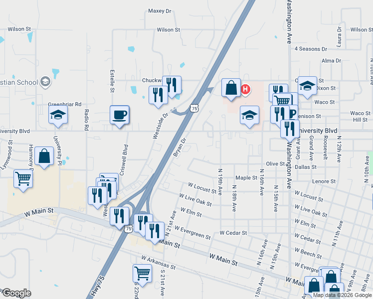 map of restaurants, bars, coffee shops, grocery stores, and more near 720 Bryan Drive in Durant