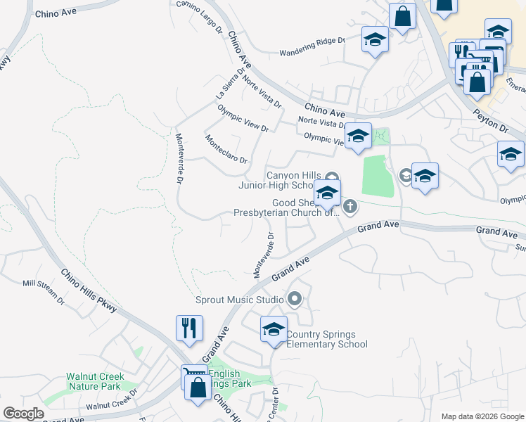 map of restaurants, bars, coffee shops, grocery stores, and more near 2328 Monteverde Drive in Chino Hills