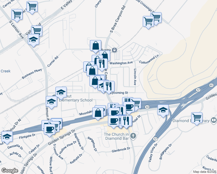 map of restaurants, bars, coffee shops, grocery stores, and more near 838 Windwood Drive in Walnut