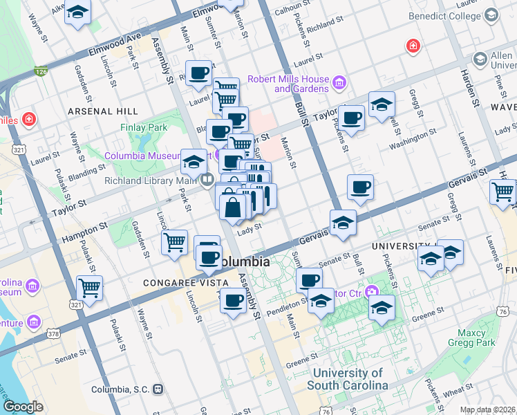 map of restaurants, bars, coffee shops, grocery stores, and more near 1326 Main Street in Columbia
