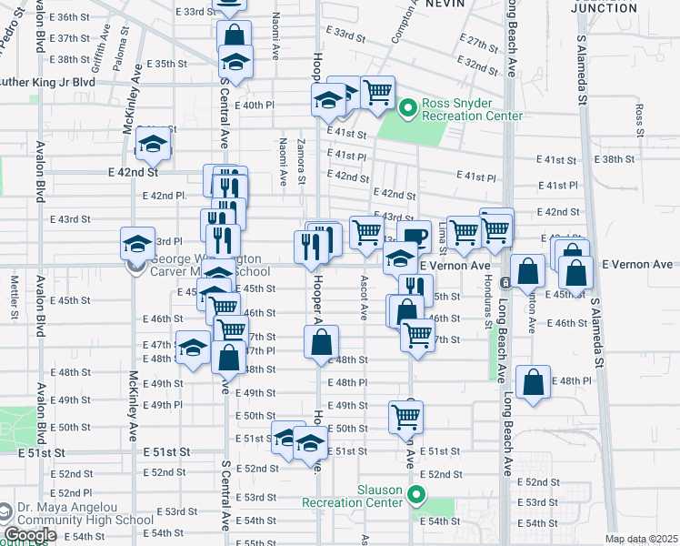 map of restaurants, bars, coffee shops, grocery stores, and more near 1340 East Vernon Avenue in Los Angeles