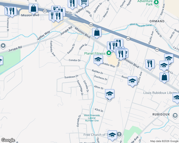 map of restaurants, bars, coffee shops, grocery stores, and more near 6476 Rathke Drive in Riverside