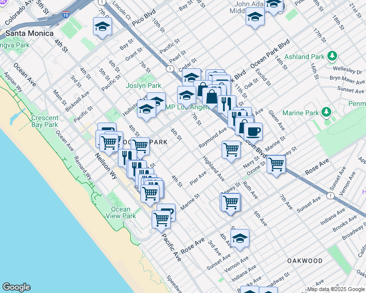map of restaurants, bars, coffee shops, grocery stores, and more near 2716 6th Street in Santa Monica