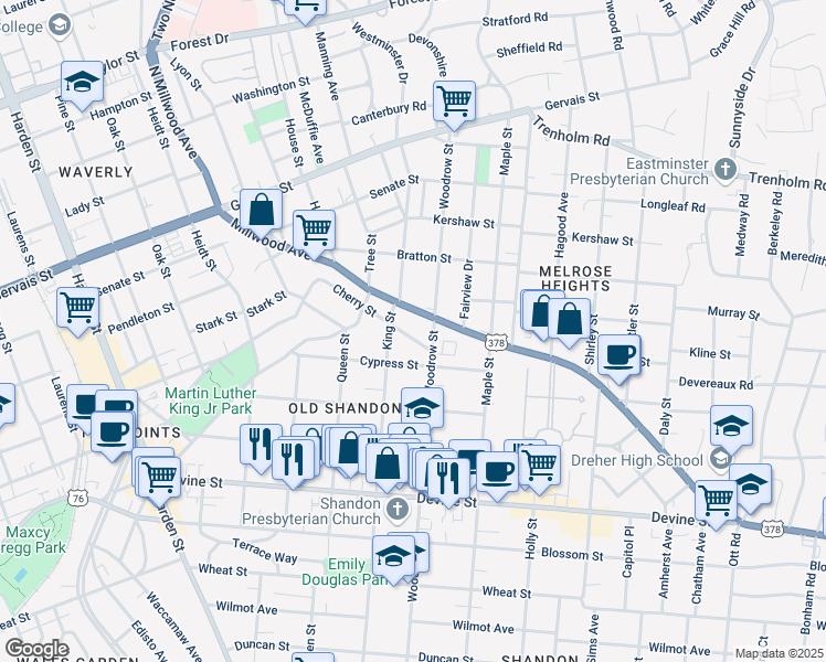 map of restaurants, bars, coffee shops, grocery stores, and more near 2623 Cherry Street in Columbia