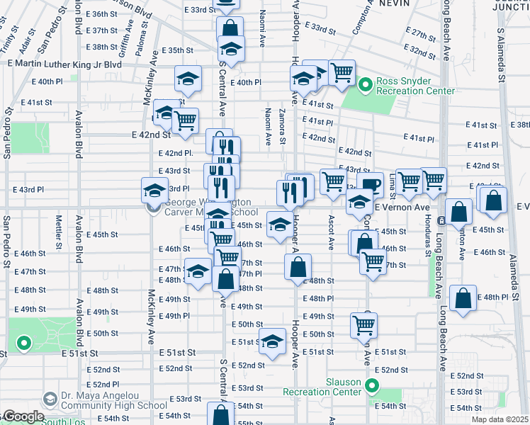 map of restaurants, bars, coffee shops, grocery stores, and more near 1208 East Vernon Avenue in Los Angeles