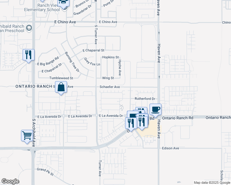 map of restaurants, bars, coffee shops, grocery stores, and more near Mayacama Way in Ontario