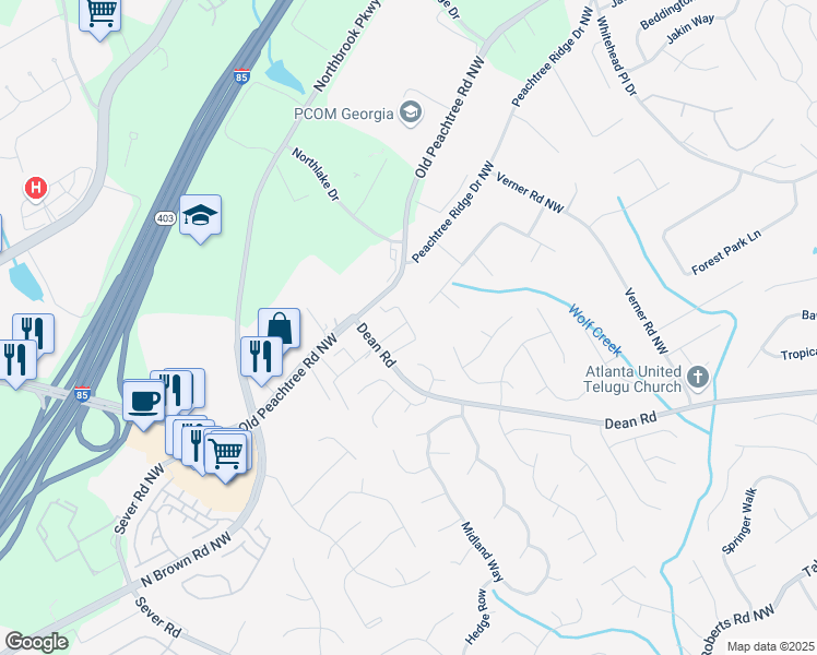 map of restaurants, bars, coffee shops, grocery stores, and more near 1262 Birkhall Drive in Lawrenceville