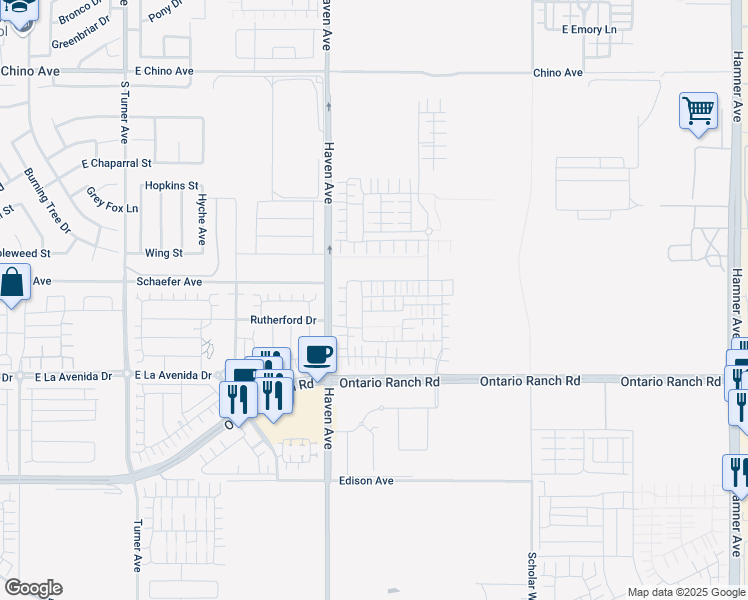 map of restaurants, bars, coffee shops, grocery stores, and more near 3572 E. Moonlight St. in Ontario