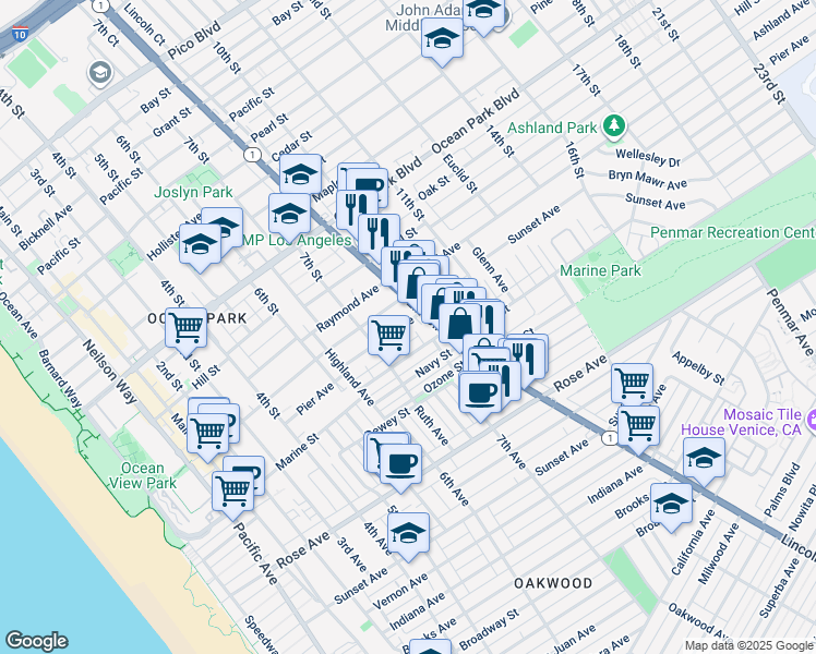 map of restaurants, bars, coffee shops, grocery stores, and more near 744 Pier Avenue in Santa Monica