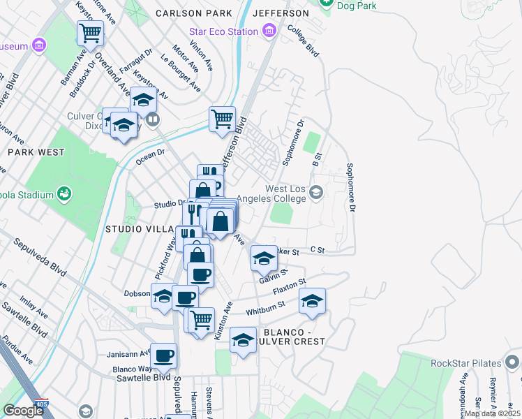 map of restaurants, bars, coffee shops, grocery stores, and more near 14309 Summertime Lane in Culver City