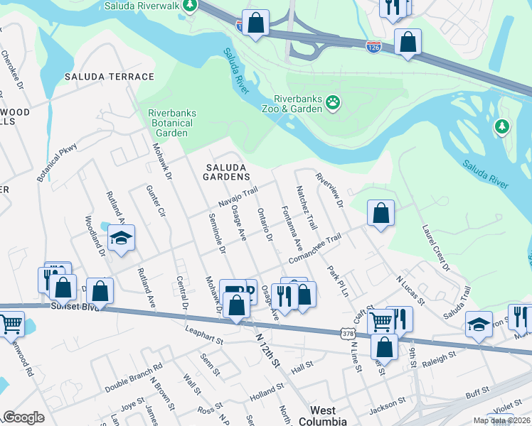 map of restaurants, bars, coffee shops, grocery stores, and more near 1009 Ontario Drive in West Columbia