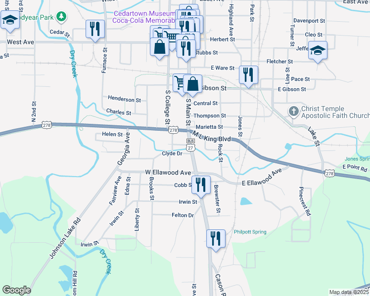 map of restaurants, bars, coffee shops, grocery stores, and more near 1002 South Main Street in Cedartown