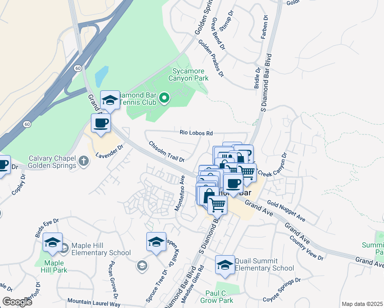 map of restaurants, bars, coffee shops, grocery stores, and more near 1147 Chisolm Trail Drive in Diamond Bar