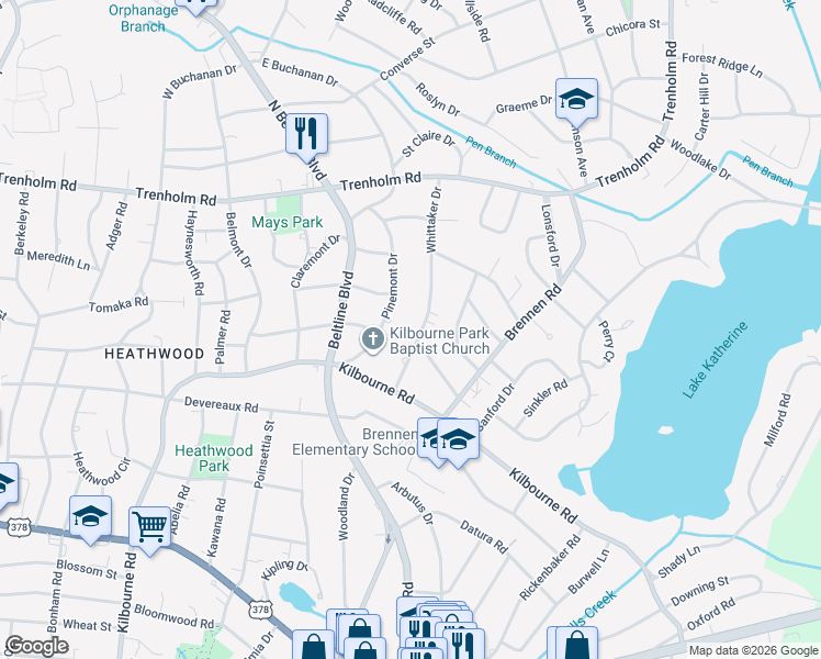 map of restaurants, bars, coffee shops, grocery stores, and more near 1302 Whittaker Drive in Columbia