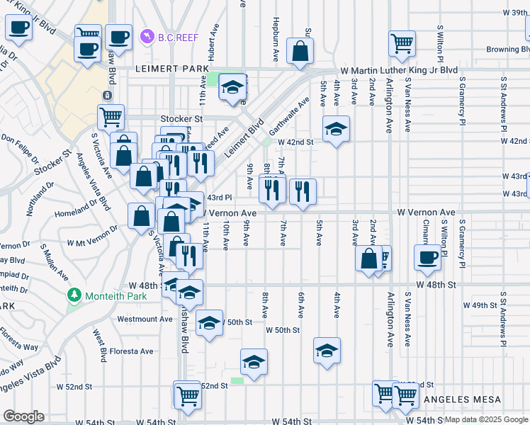 map of restaurants, bars, coffee shops, grocery stores, and more near West Vernon Avenue & 8th Avenue in Los Angeles