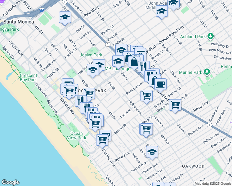 map of restaurants, bars, coffee shops, grocery stores, and more near 2716 6th Street in Santa Monica