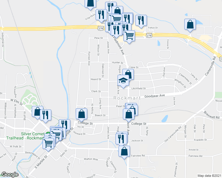 map of restaurants, bars, coffee shops, grocery stores, and more near 630 Jones Avenue in Rockmart