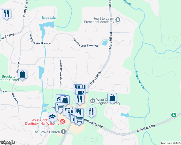 map of restaurants, bars, coffee shops, grocery stores, and more near 1972 Clovercroft Road in Acworth
