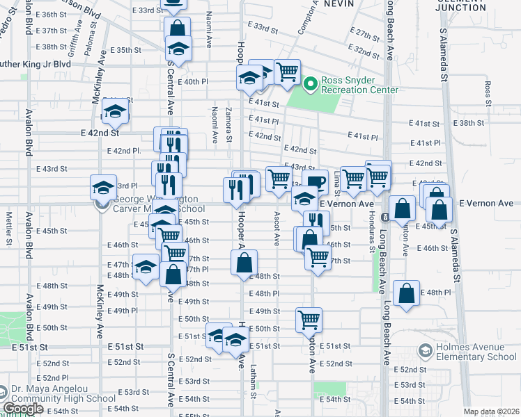 map of restaurants, bars, coffee shops, grocery stores, and more near 1348 East Vernon Avenue in Los Angeles
