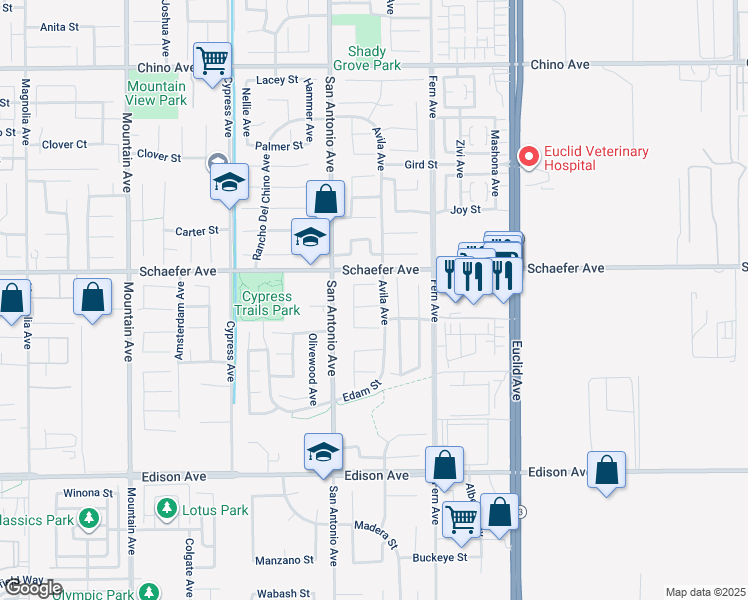 map of restaurants, bars, coffee shops, grocery stores, and more near 6756 Bartlett Street in Chino