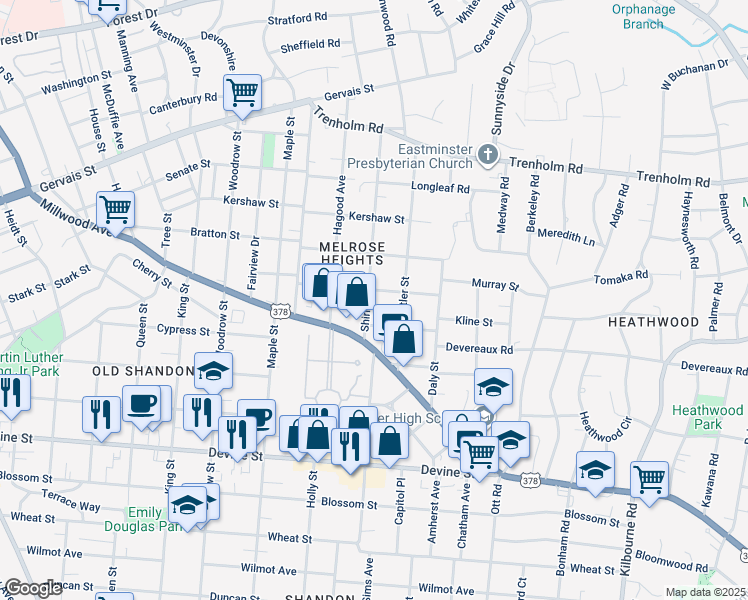 map of restaurants, bars, coffee shops, grocery stores, and more near 1118 Shirley Street in Columbia