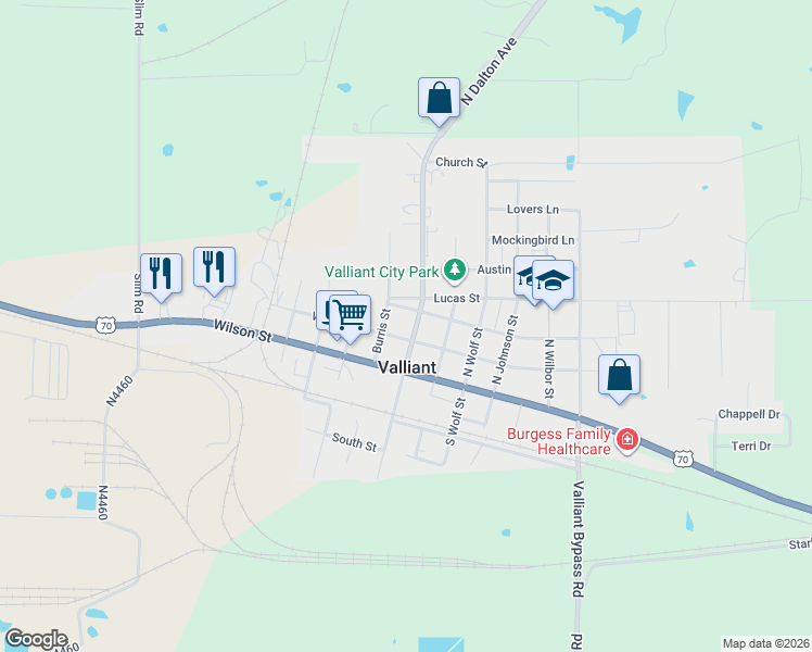 map of restaurants, bars, coffee shops, grocery stores, and more near 111 North Dalton Avenue in Valliant
