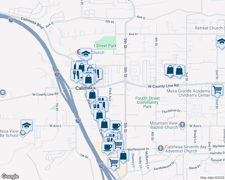 map of restaurants, bars, coffee shops, grocery stores, and more near 906 Park Avenue in Calimesa