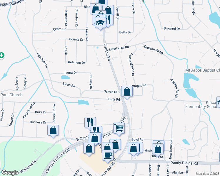 map of restaurants, bars, coffee shops, grocery stores, and more near 845 Sylvan Dr in Marietta