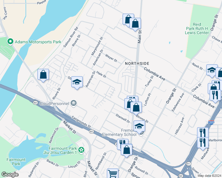 map of restaurants, bars, coffee shops, grocery stores, and more near 4028 Landau Court in Riverside