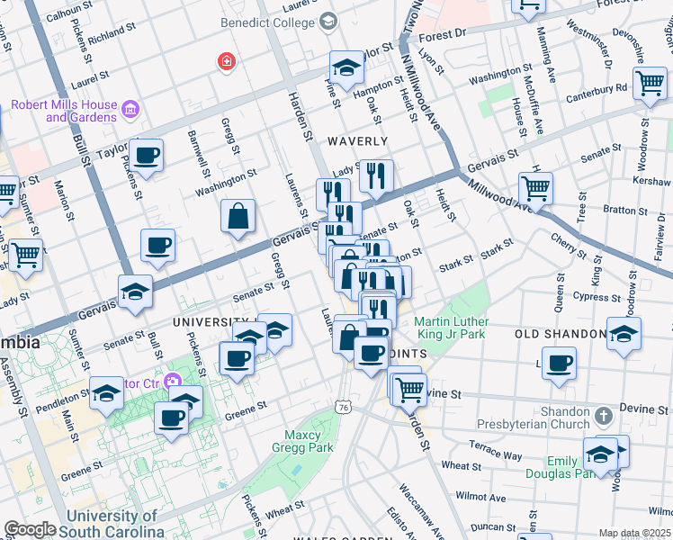 map of restaurants, bars, coffee shops, grocery stores, and more near 2006 Senate Street in Columbia