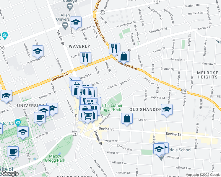 map of restaurants, bars, coffee shops, grocery stores, and more near 2312 Stark Street in Columbia